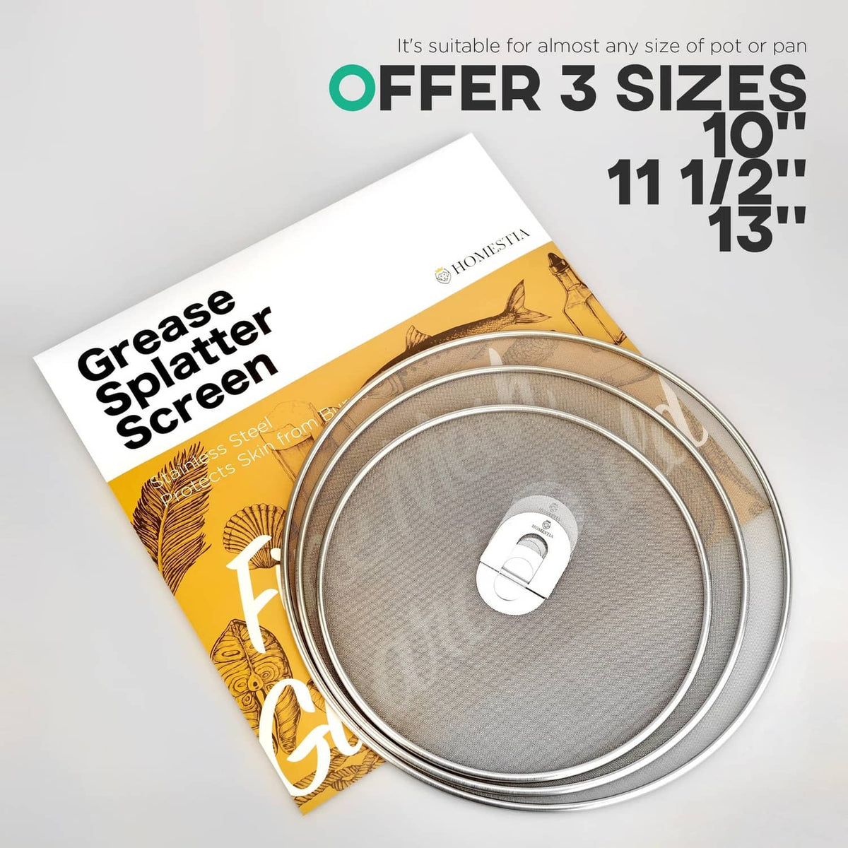 Grease splatter screen set of 3 with three round stainless mesh lids in package