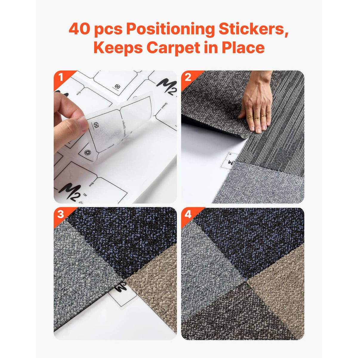Modular carpet tiles with positioning tabs, showing corner alignment