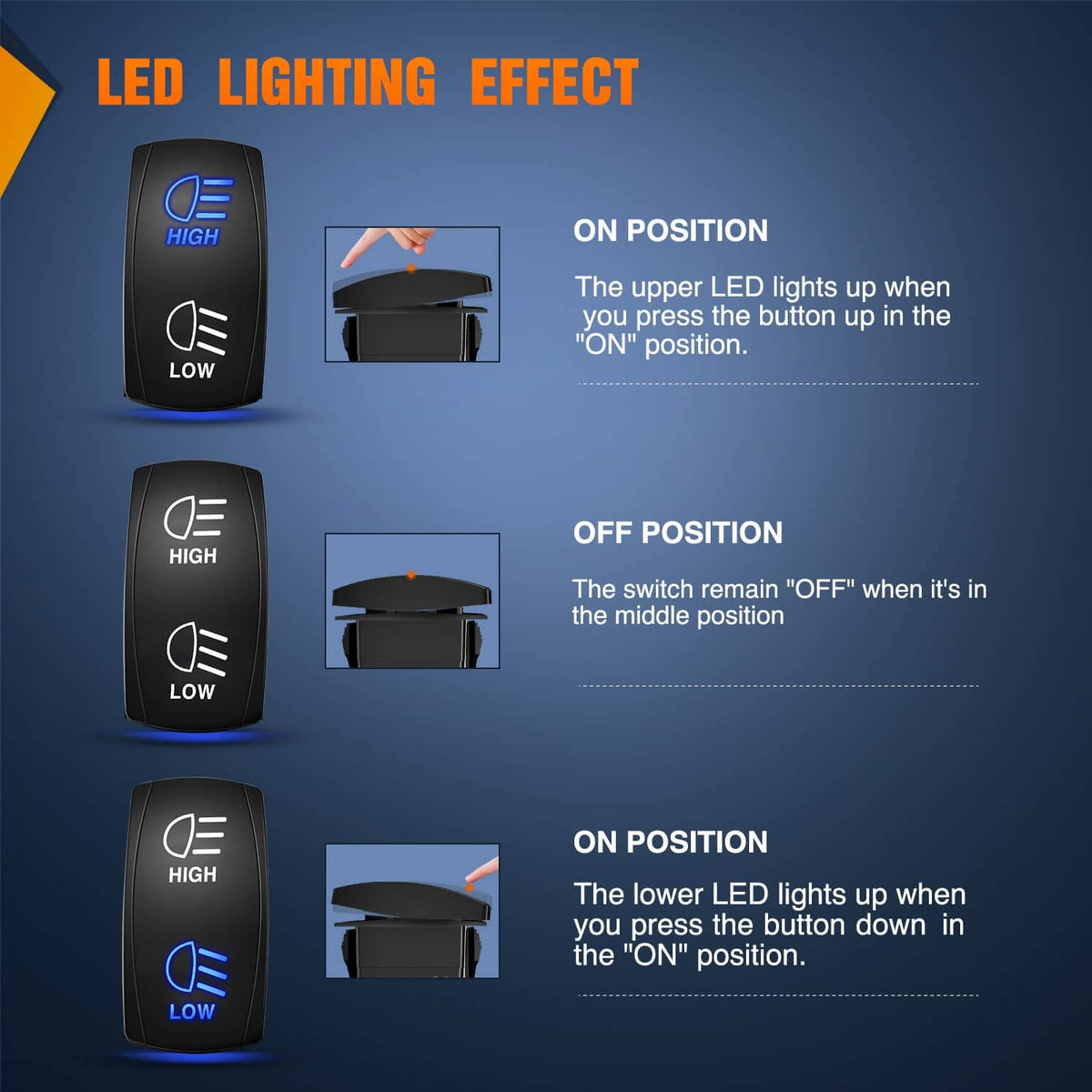 Rocker switch with blue illuminated HIGH/LOW icons and clear position layout