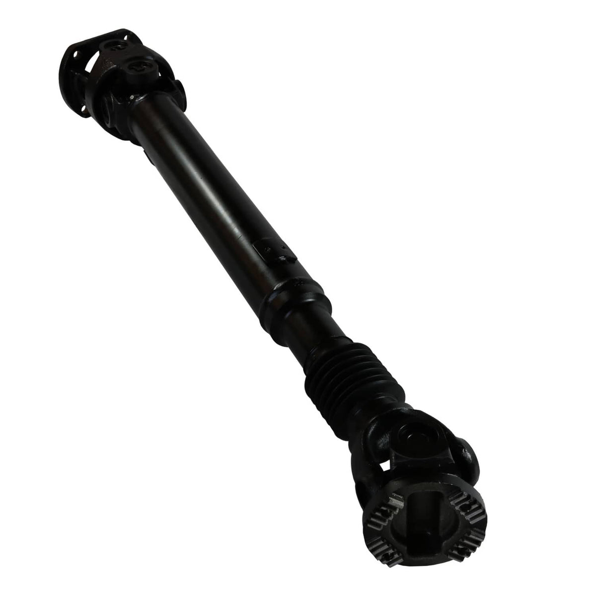 Front drive shaft with black tube, mid shaft section, and splined joint end