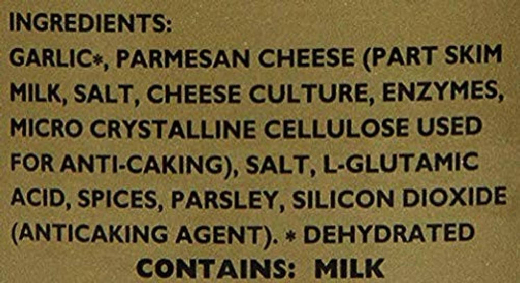 Garlic spread seasoning ingredients text: parmesan cheese, milk, salt, spices, and parsley