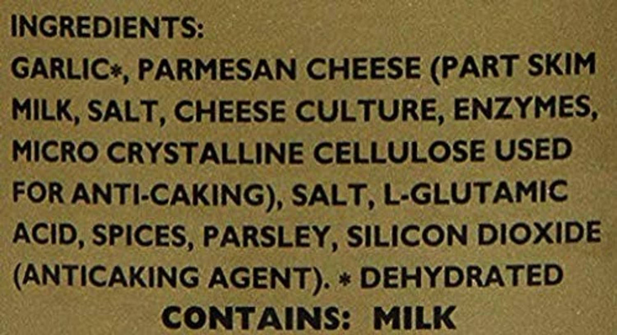 Garlic spread seasoning ingredients text: parmesan cheese, milk, salt, spices, and parsley