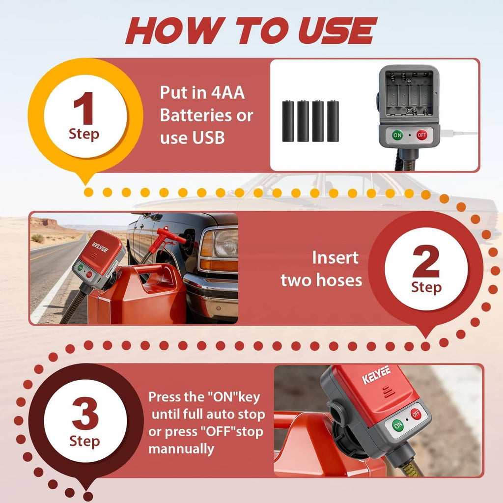 Red fuel transfer pump in use steps, with controller and attached hoses