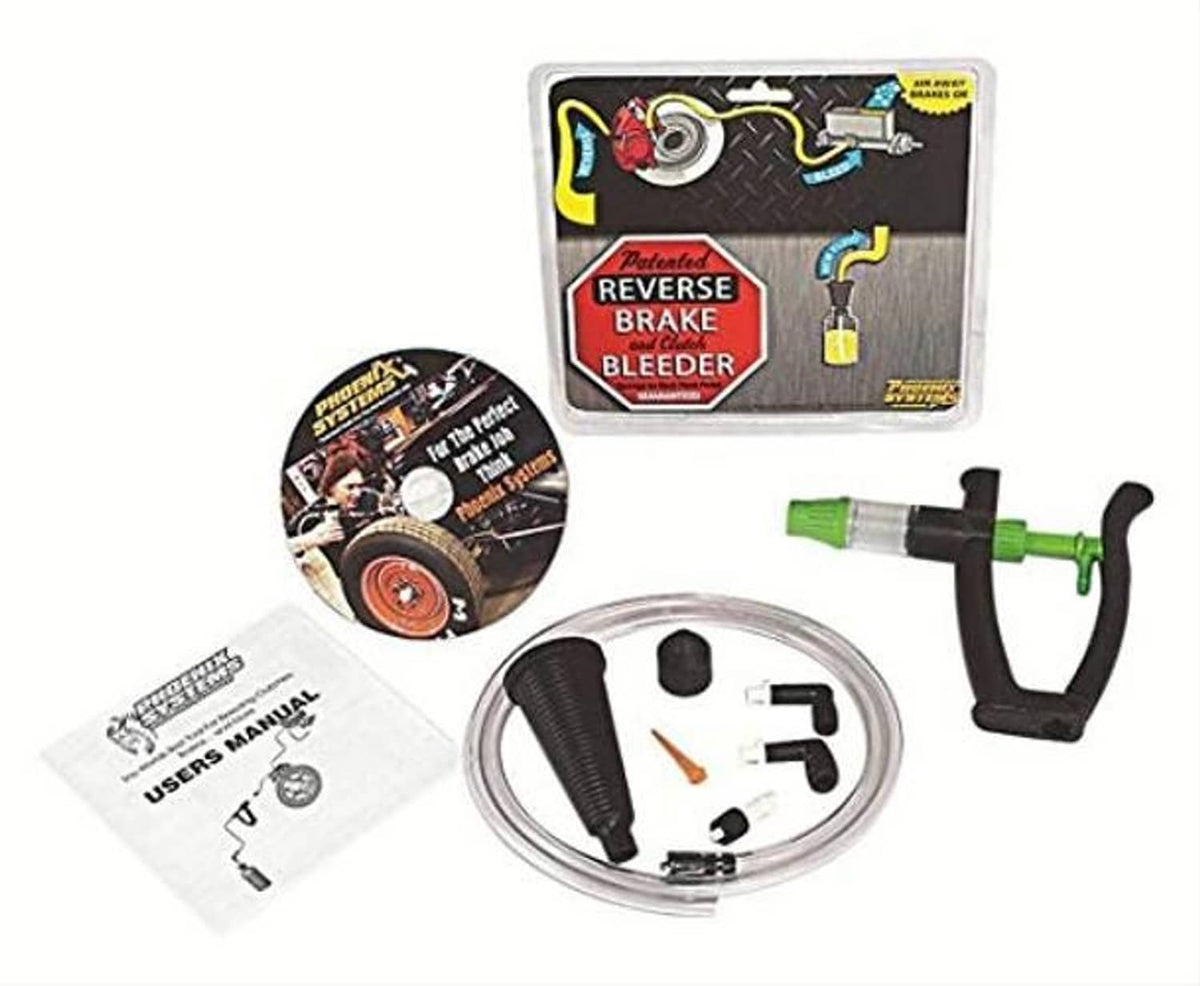 Reverse brake bleeder kit with green handle, hoses, box, manual, and instruction disc
