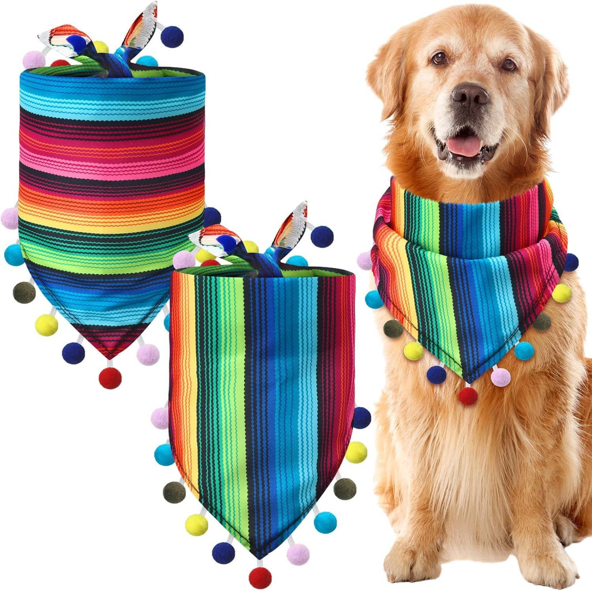 Mexican-style dog bandanas set: vertical rainbow stripes with colorful pompom trim