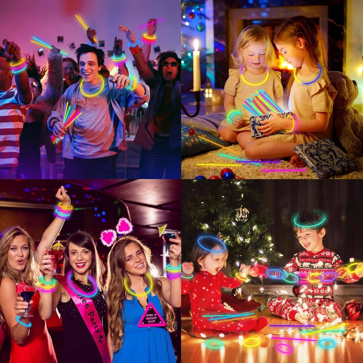 Kids and friends celebrating with multicolor glowing sticks at a party