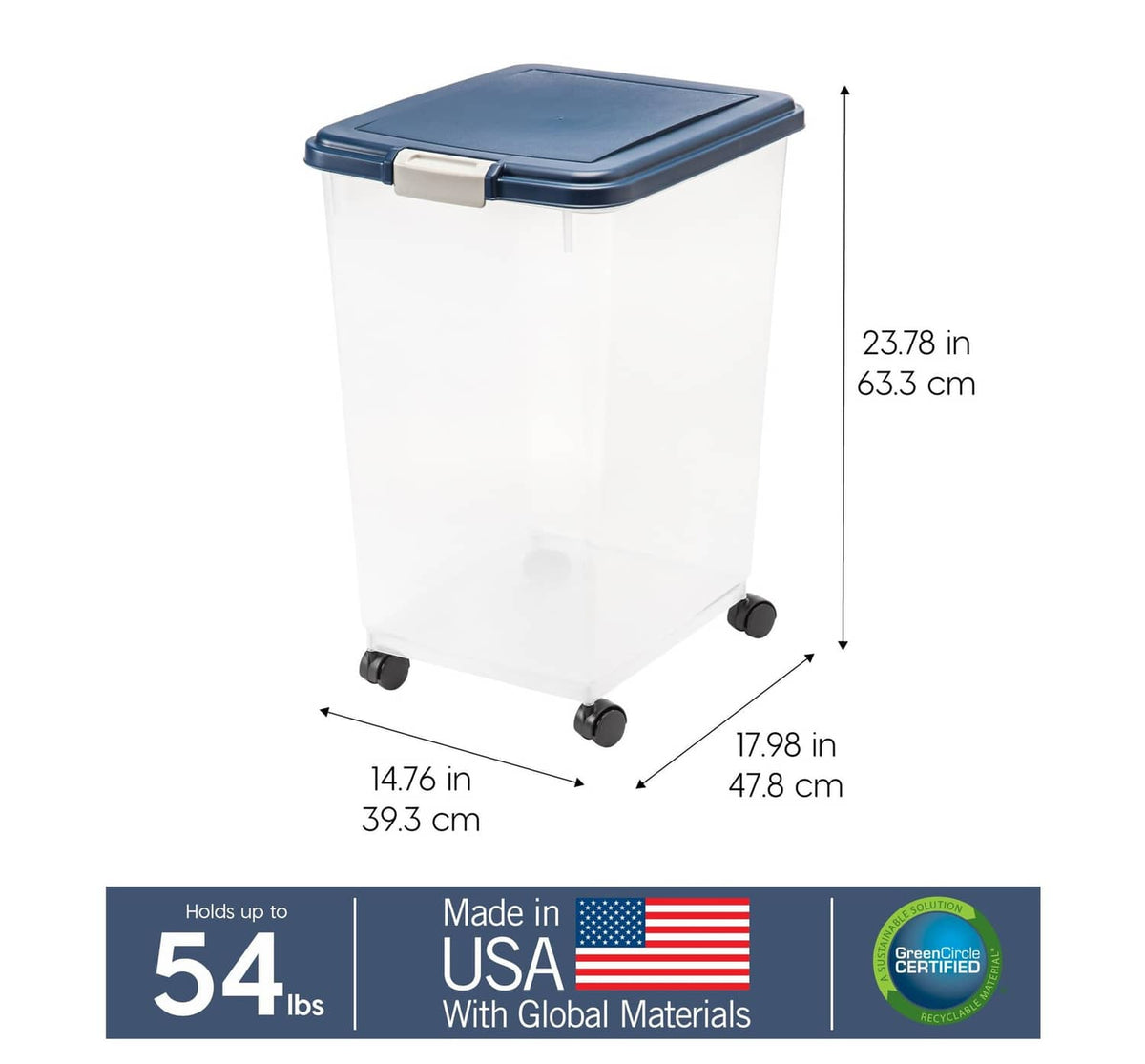 Dog food storage container with blue lid, transparent body, and caster wheels