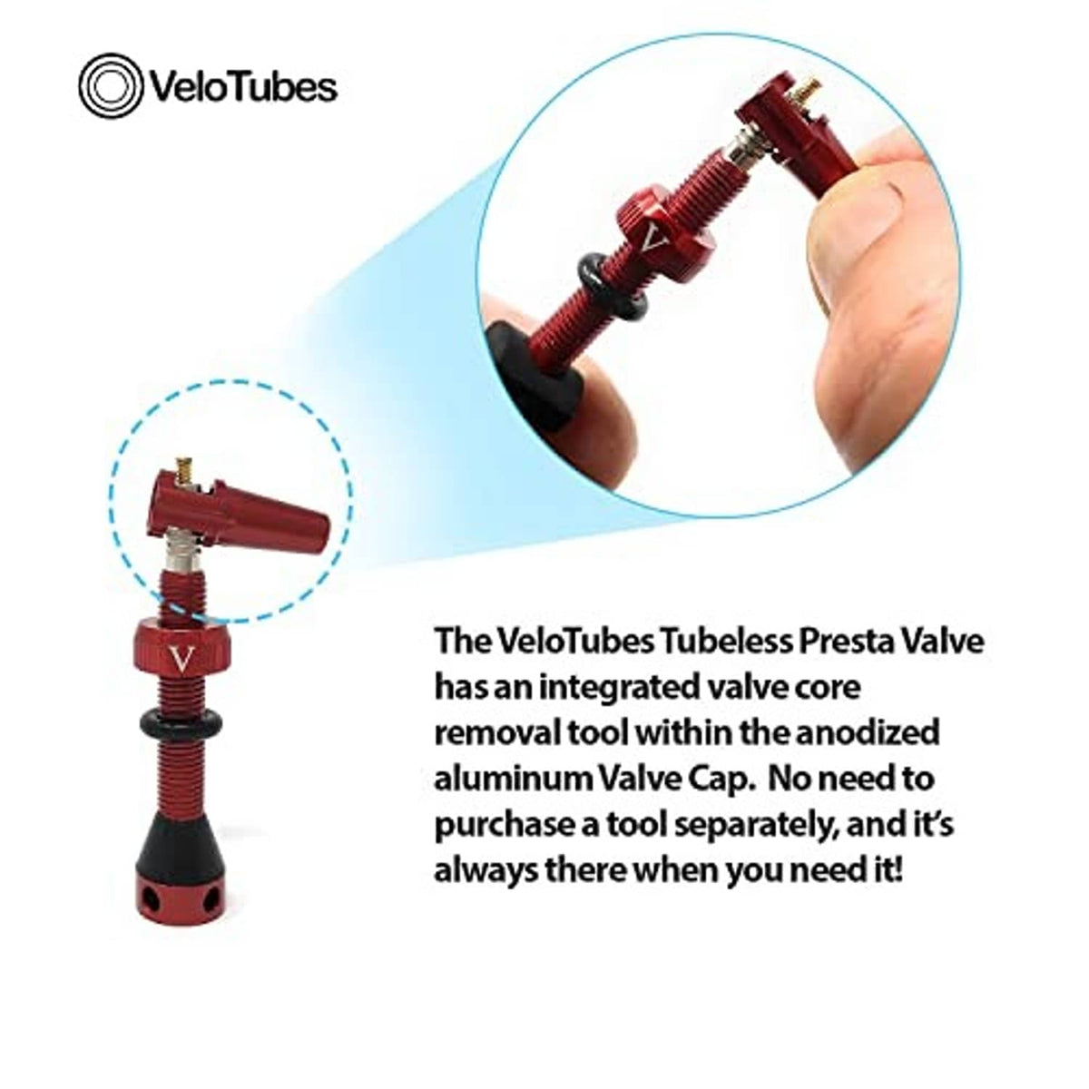 Red tubeless Presta valve stem with integrated valve cap and locknut, shown by hand