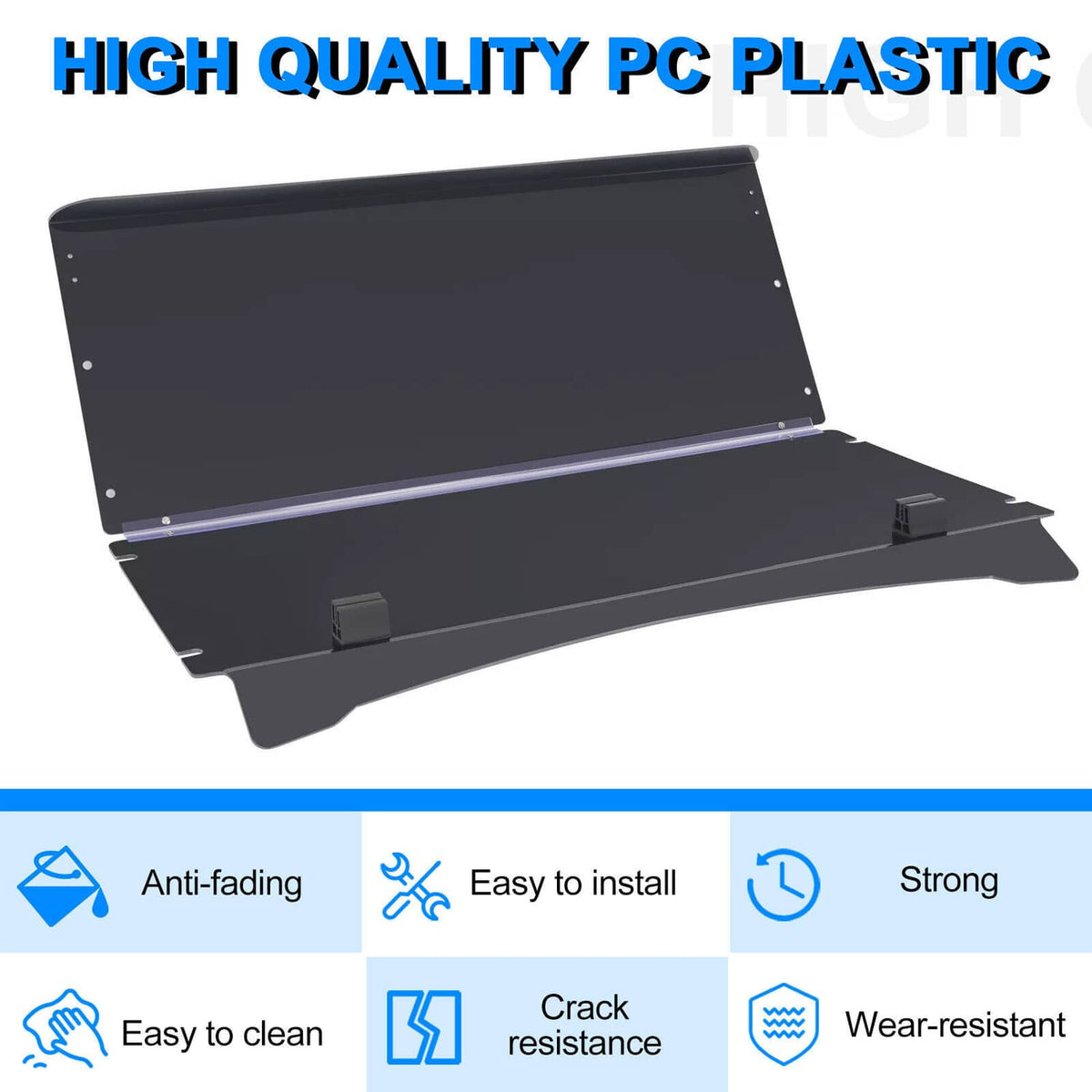Tinted fold-down flip windscreen with dark PC windshield panel and hinge hardware