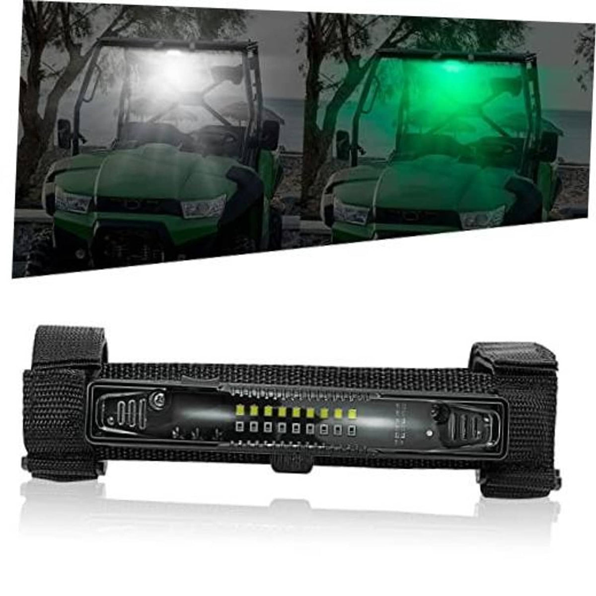 Black roll bar LED light bar with clear lens and two fabric mounting straps