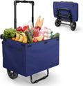 Blue folding shopping cart with waterproof basket, front view on four wheels