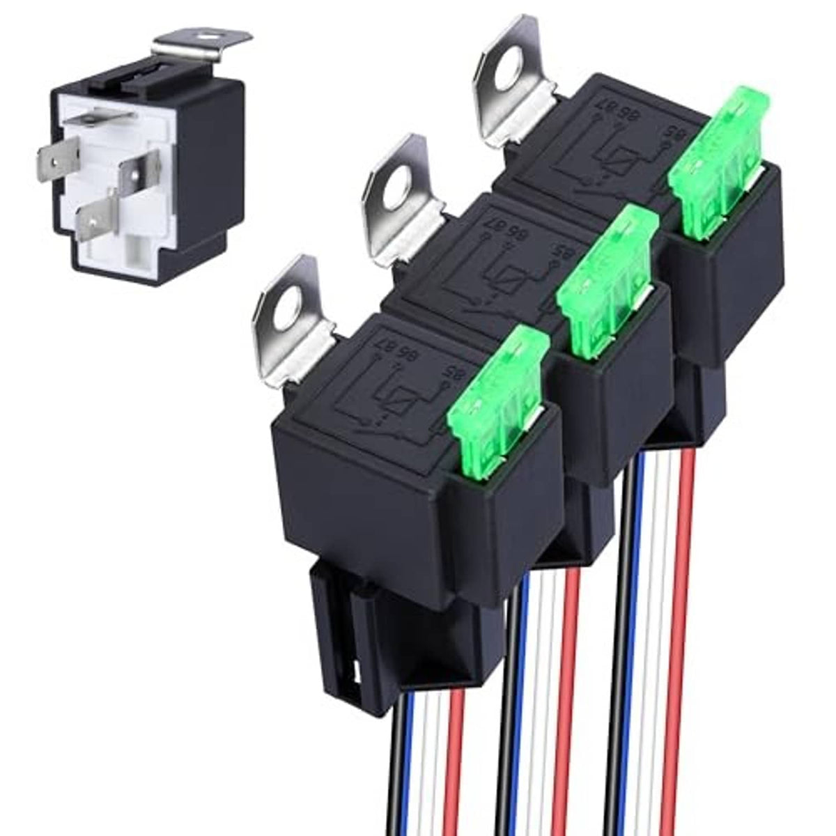 4-pin 12V relay harness set with three black relay blocks, green terminals, and colored wire leads