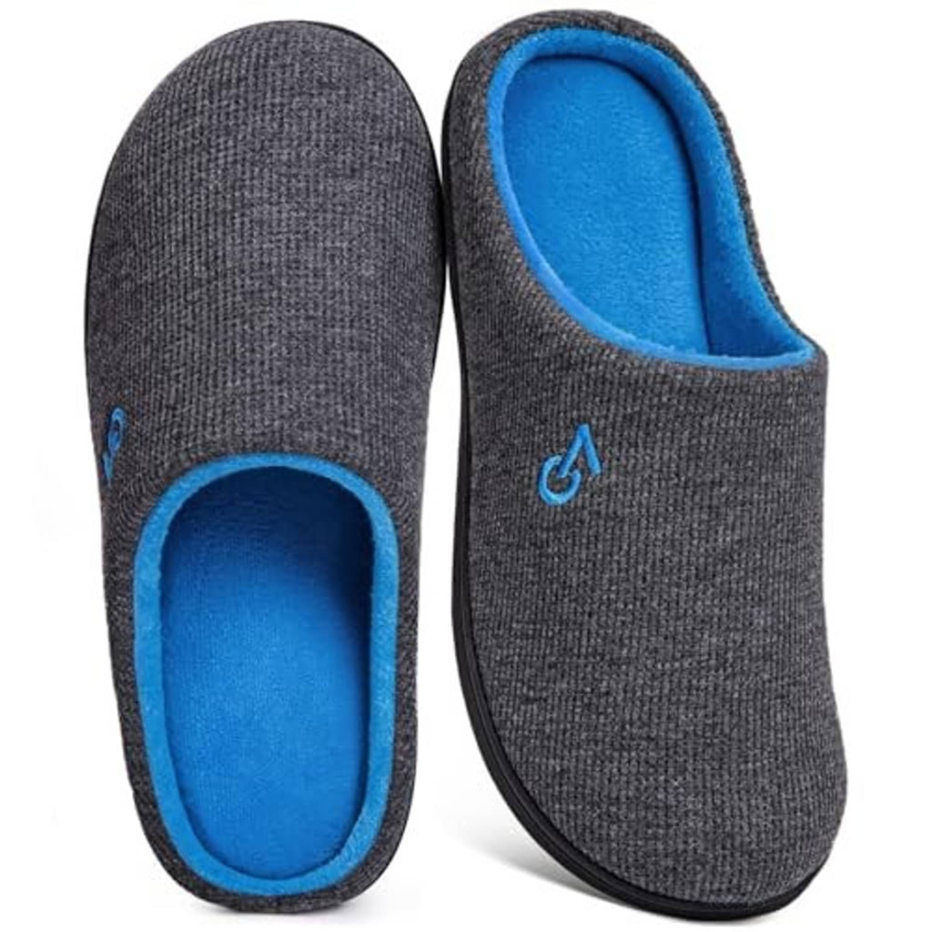 Two-tone dark gray slippers with bright blue interior and small logo on upper