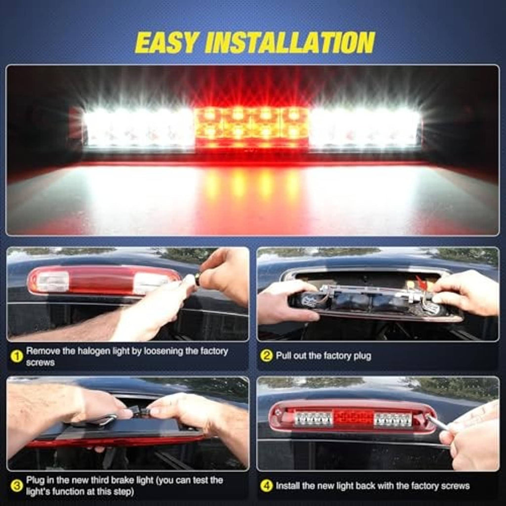 Third brake light with red lens and bright LED glow, shown during installation