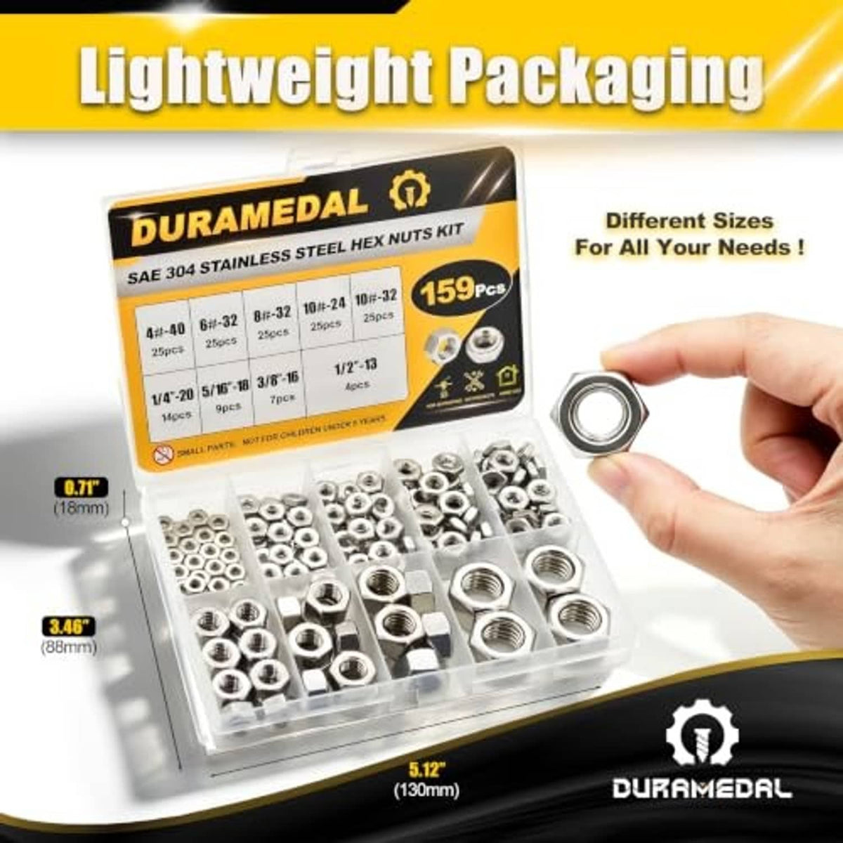 DuramEDAL SAE 304 stainless hex nut kit with hand holding a single hex nut
