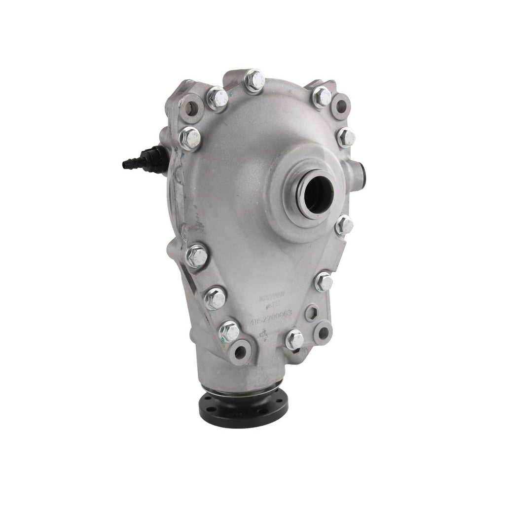 Front axle differential carrier with front bearing opening and bolt-studded metal body