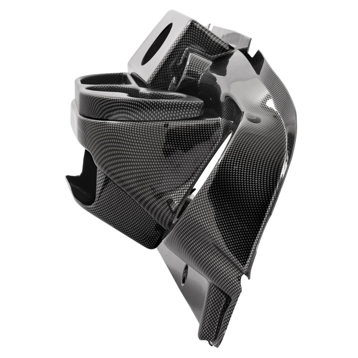 Golf cart dashboard cover, carbon-fiber style black, close-up side view of textured panel