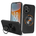 Black phone case with 360° rotating ring stand and dual camera cutouts.