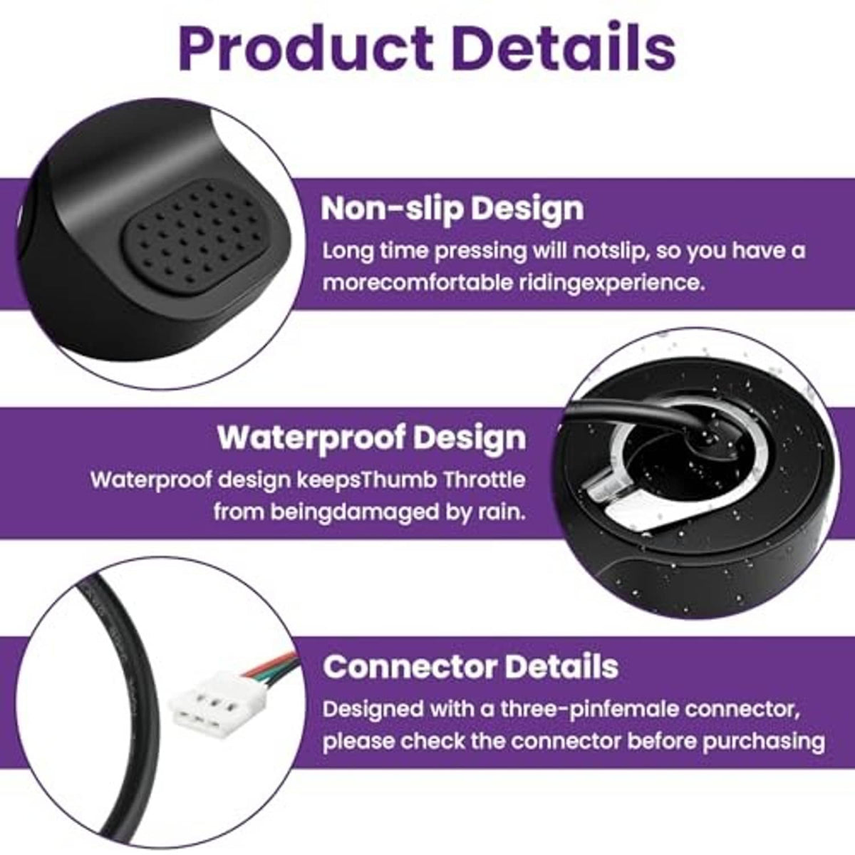 Black thumb throttle with textured non-slip pad, covered design, and connecting cable