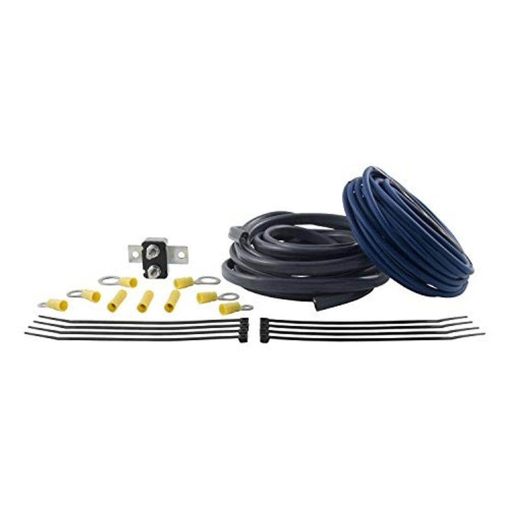 Electric trailer brake wiring kit with blue wire coil, mounting bracket, and terminal rings