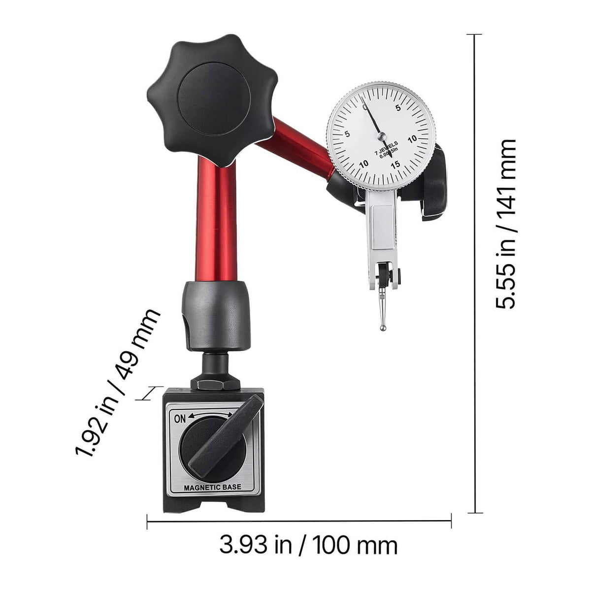Dial test indicator with red post, white dial gauge, and black magnetic base with height