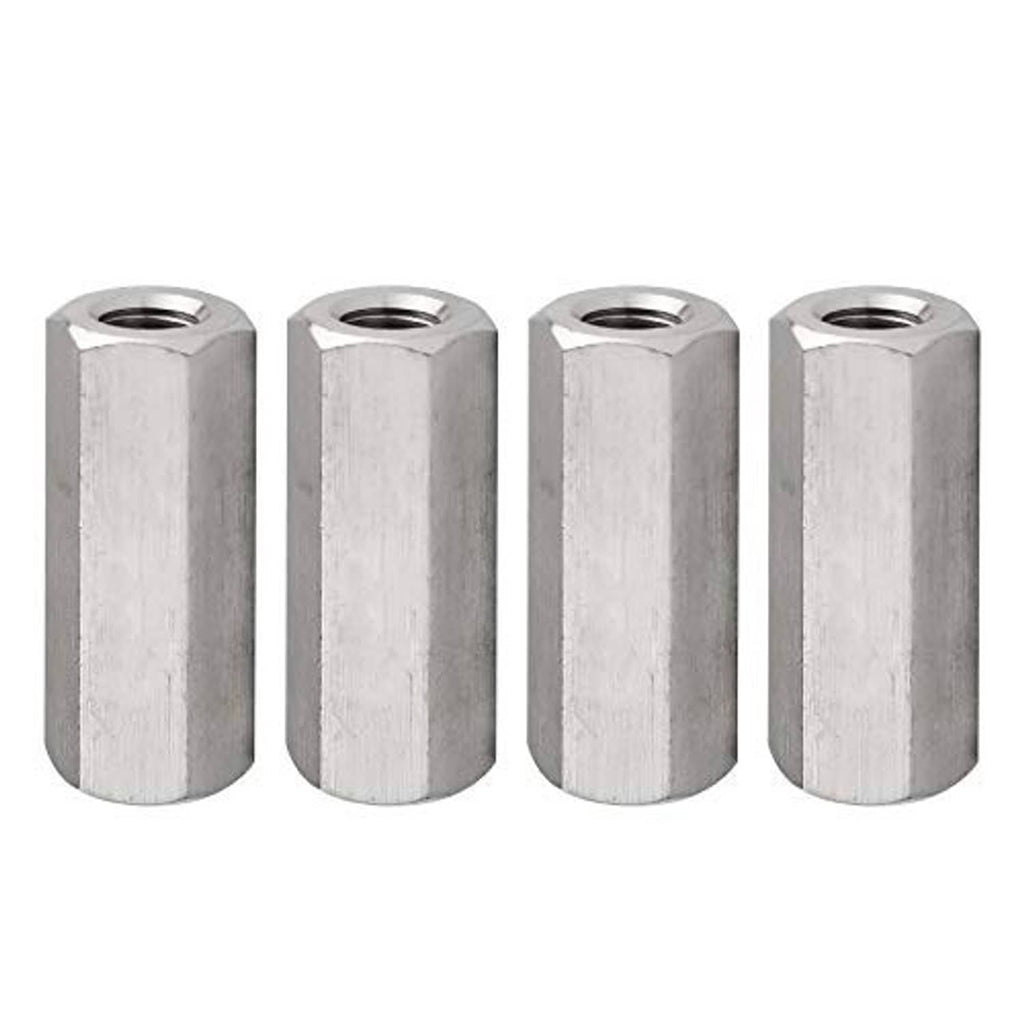Four silver hex coupling nut sleeves with internal threads, M10 x 1.5, 30mm length
