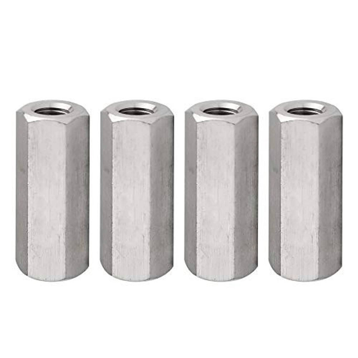 Four silver hex coupling nut sleeves with internal threads, M10 x 1.5, 30mm length