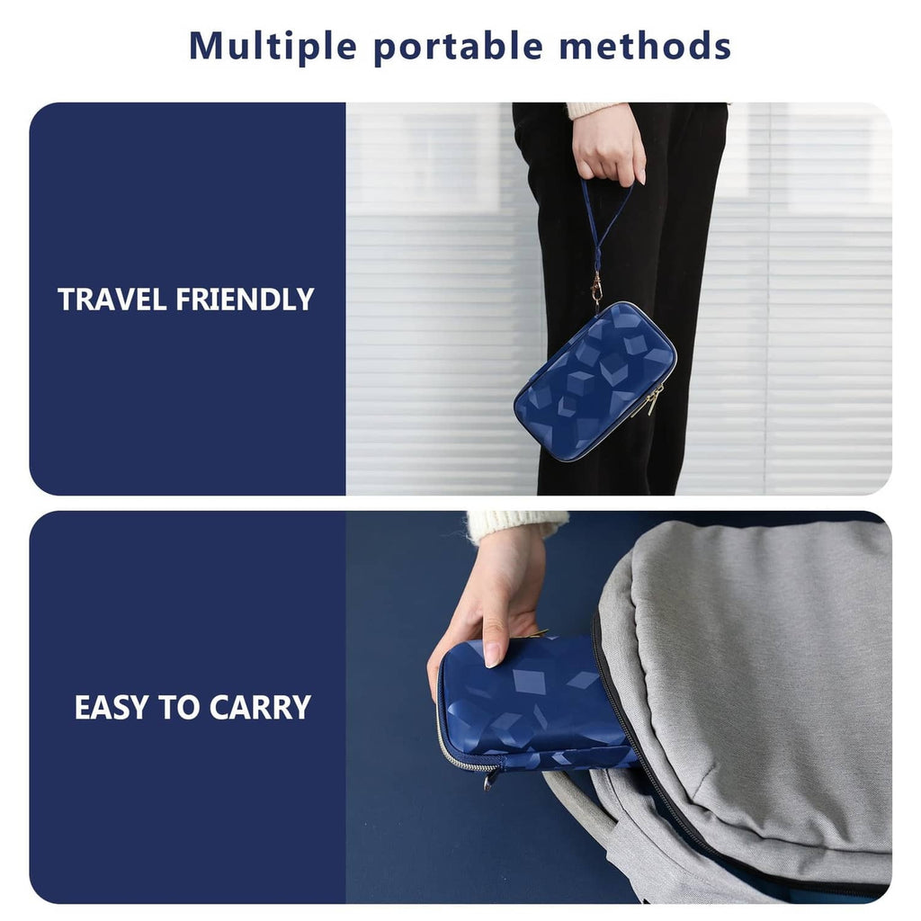 Navy zippered game case held by strap, travel-friendly compact design