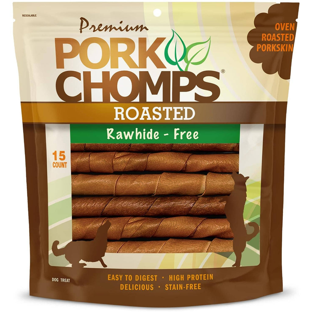Roasted pork skin dog chew twists in a 15-count bag, rawhide-free