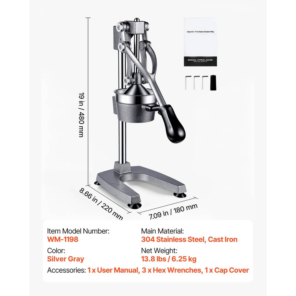 Manual citrus juicer with height diagram and accessories, silver-gray cast-iron style