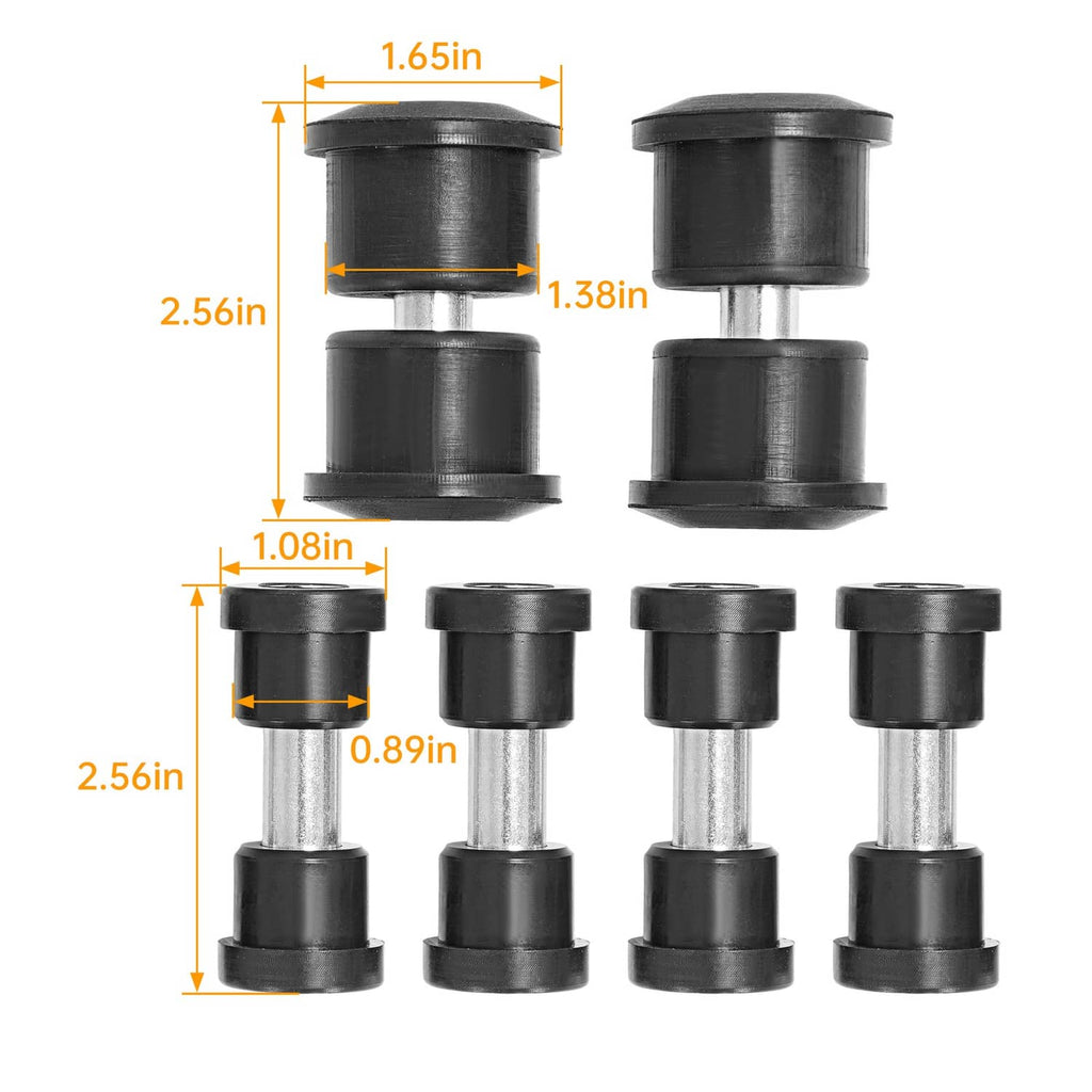 Black leaf spring bushings with silver steel sleeves shown with close-up profiles