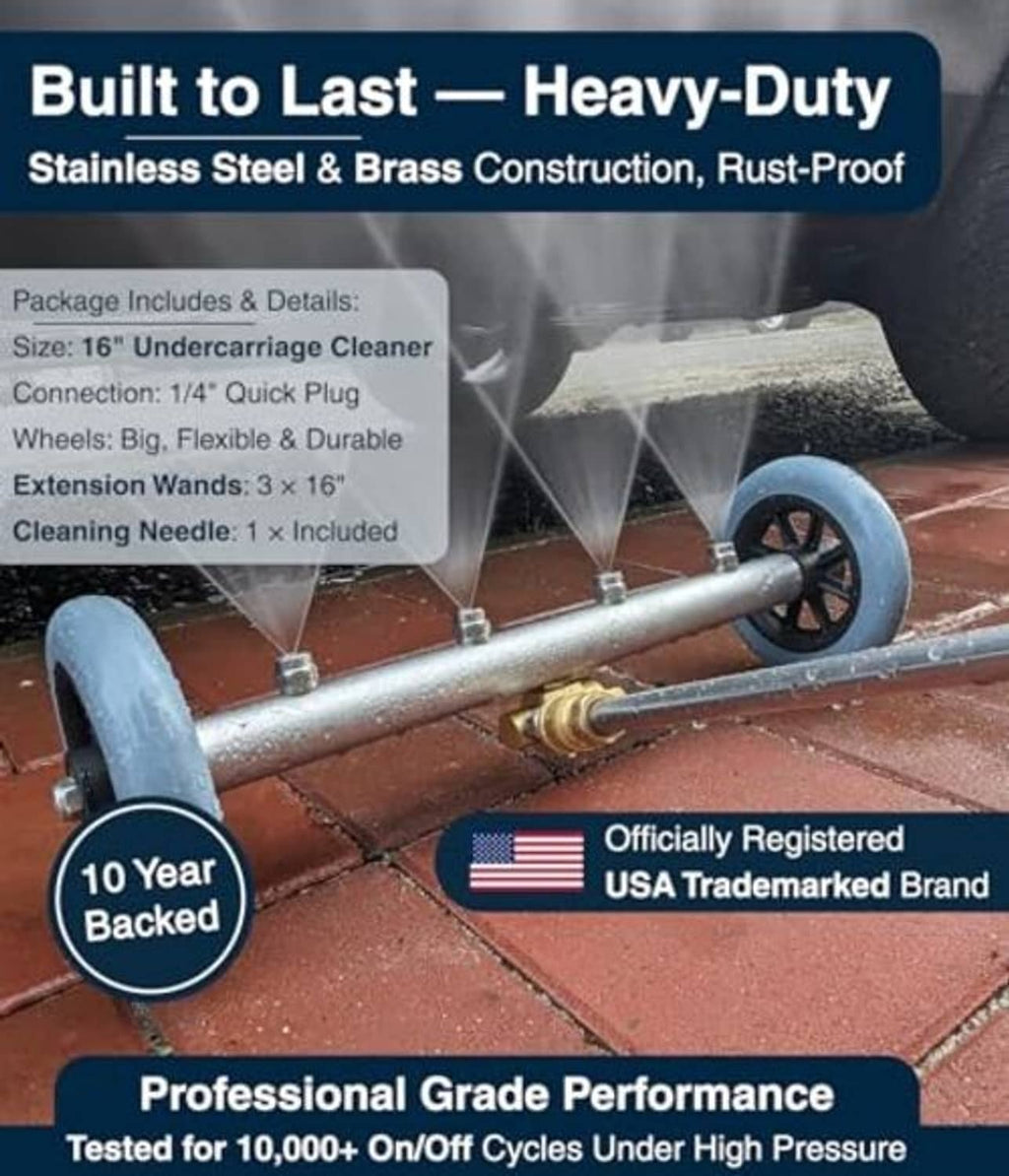 Undercarriage cleaner attachment with extension wand and large blue wheels