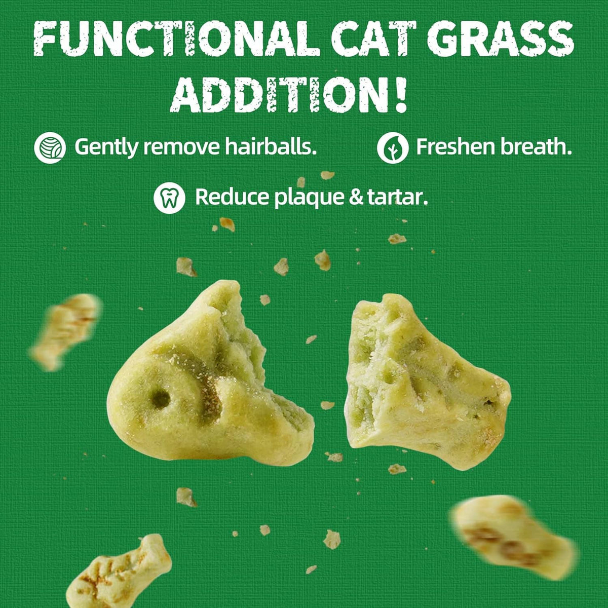 Functional cat grass treats pieces shown with three benefit icons on a green background