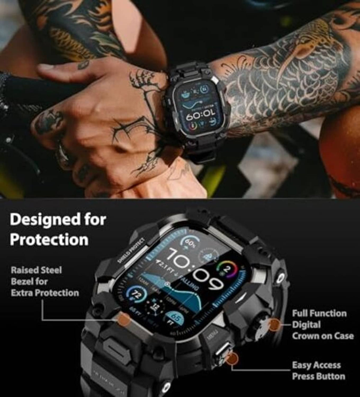 Black rugged smartwatch case on tattooed wrist with raised bezel protection