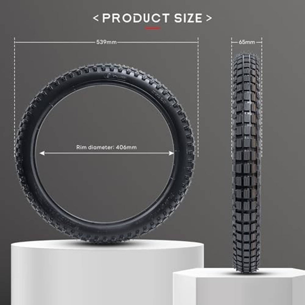 Dirt bike tire shown with size measurement reference