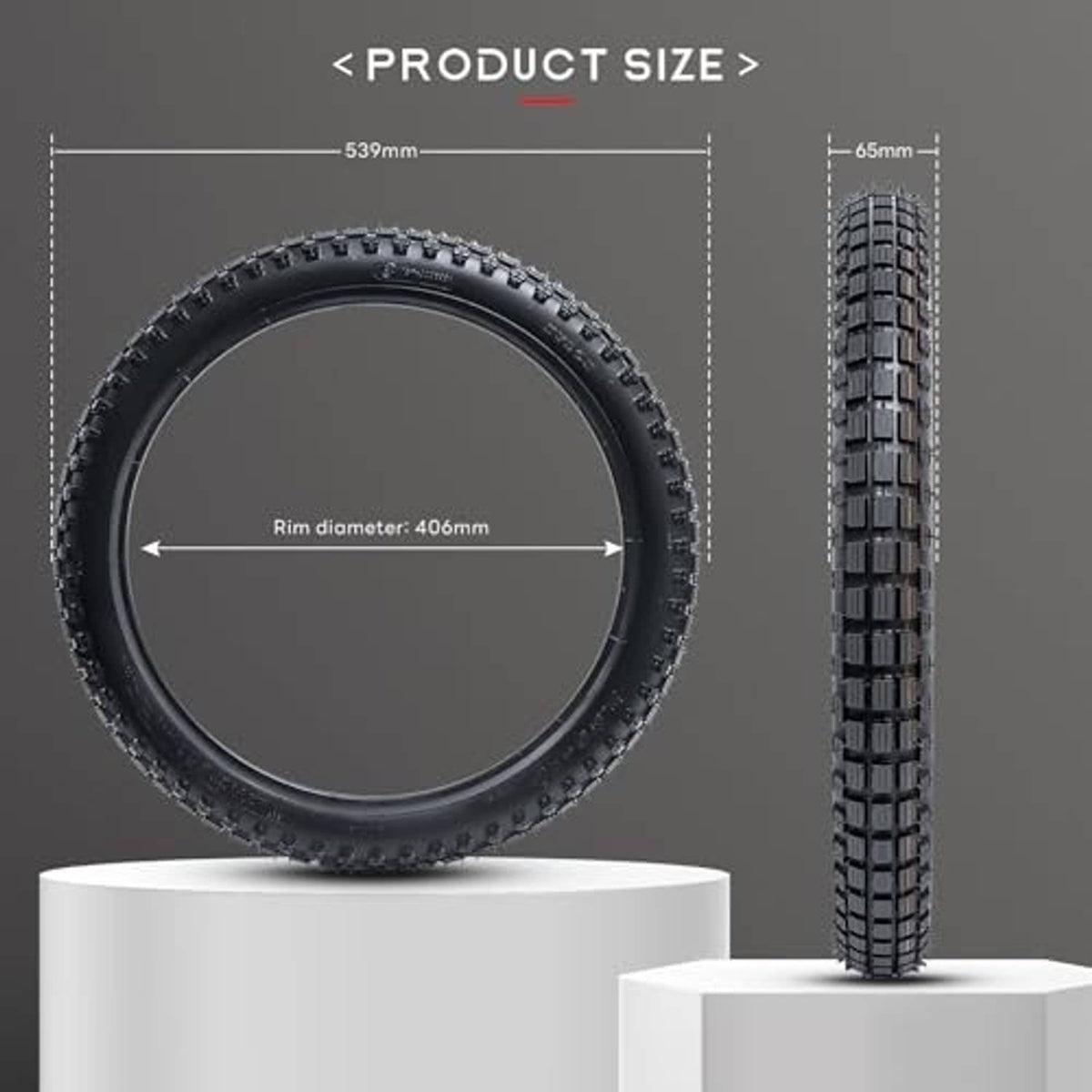 Dirt bike tire shown with size measurement reference