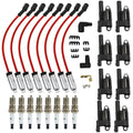 Ignition coil and spark plug set with red wiring harness and spark plugs