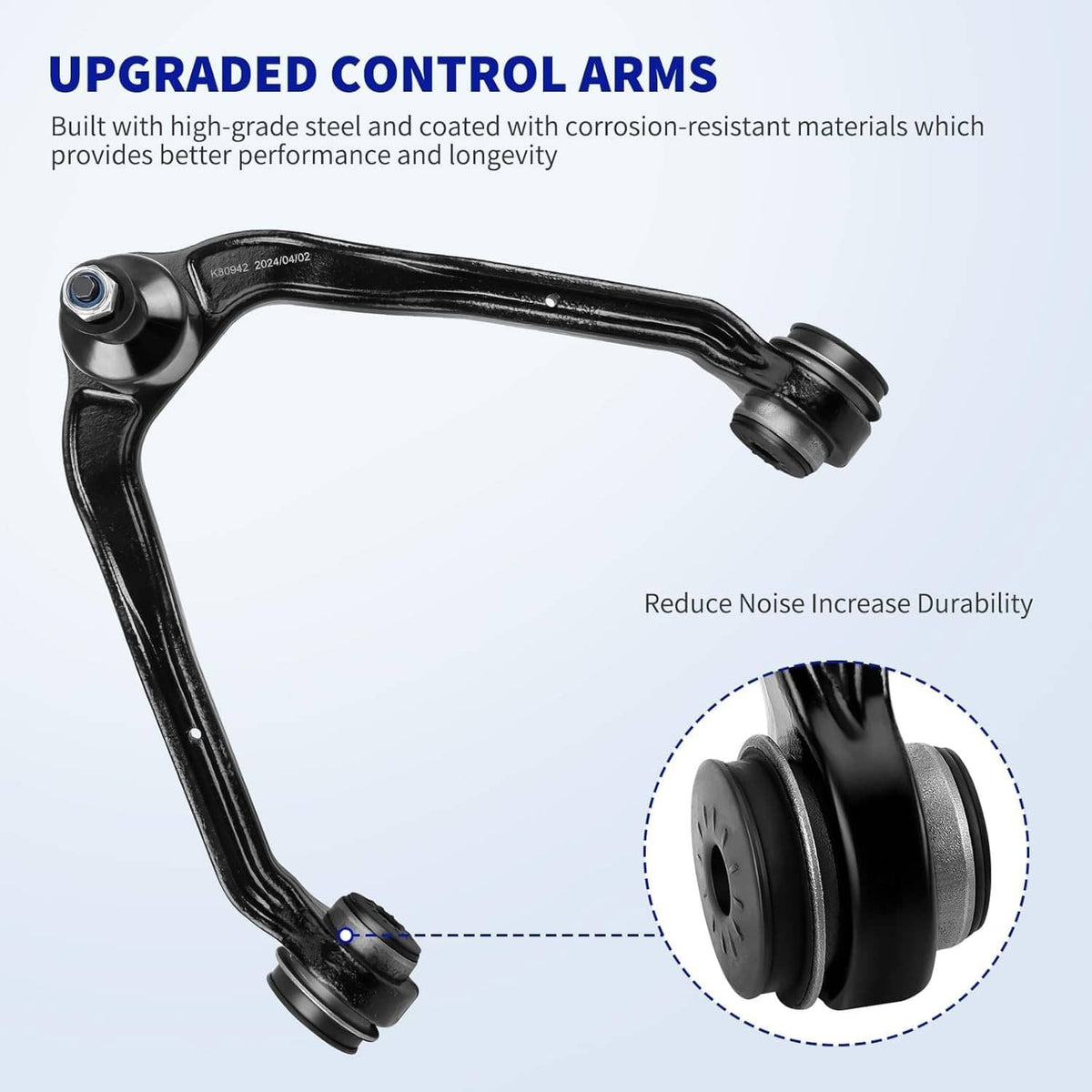 Front control arm with integrated bushings and ball joint ends, black powder-coated
