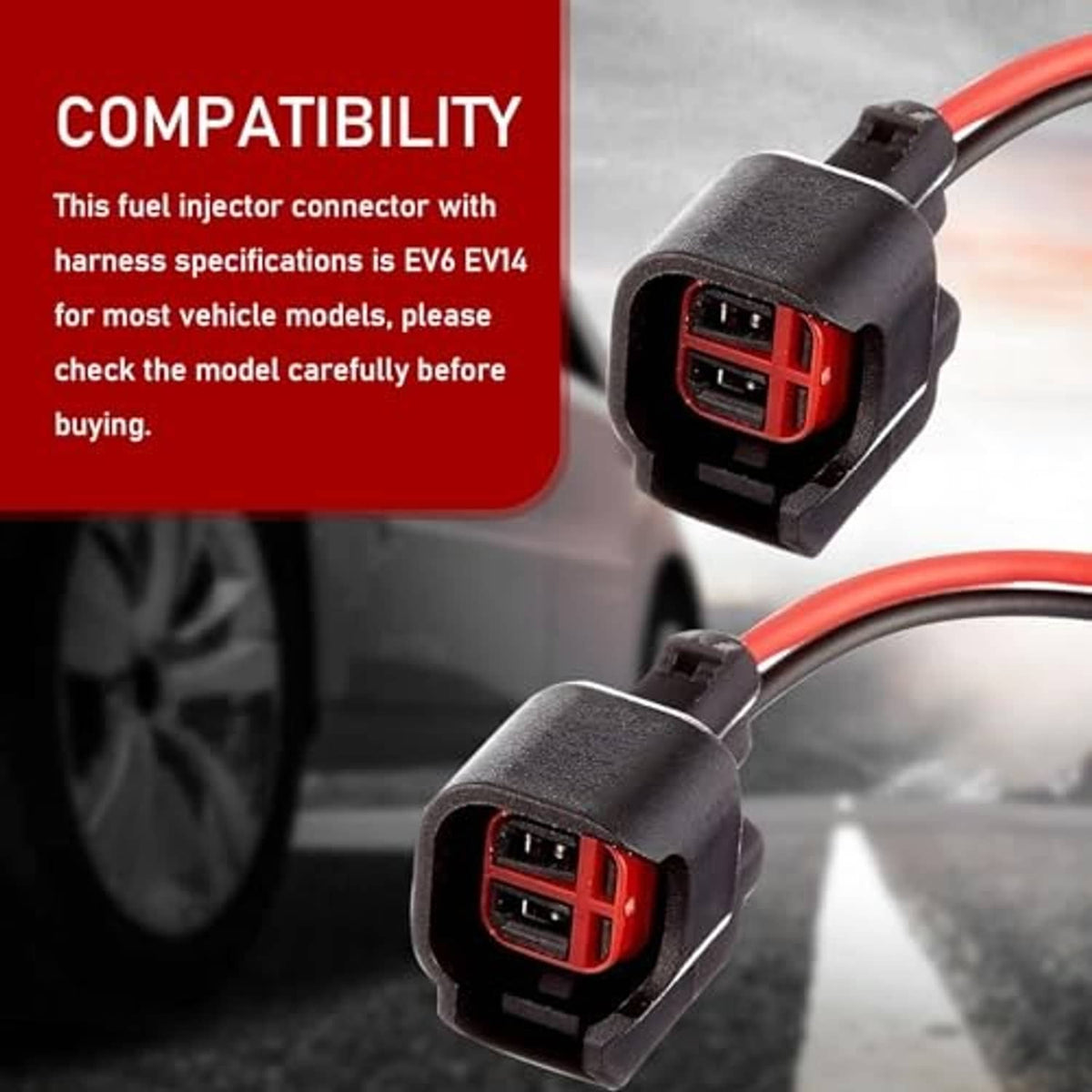 Car injector connector plug with red dual ports, black housing, attached red wire leads