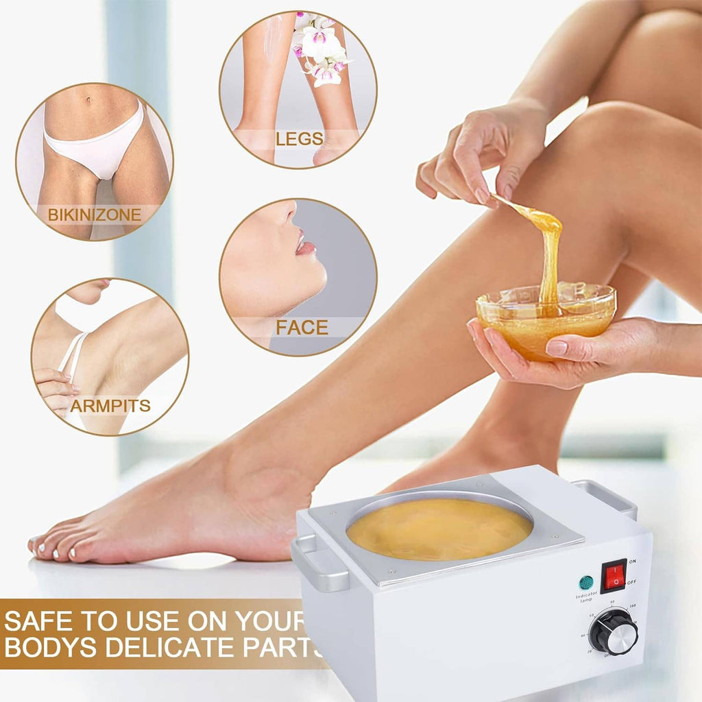 White wax warmer with built-in heating tray and front controls, shown during at-home hair removal