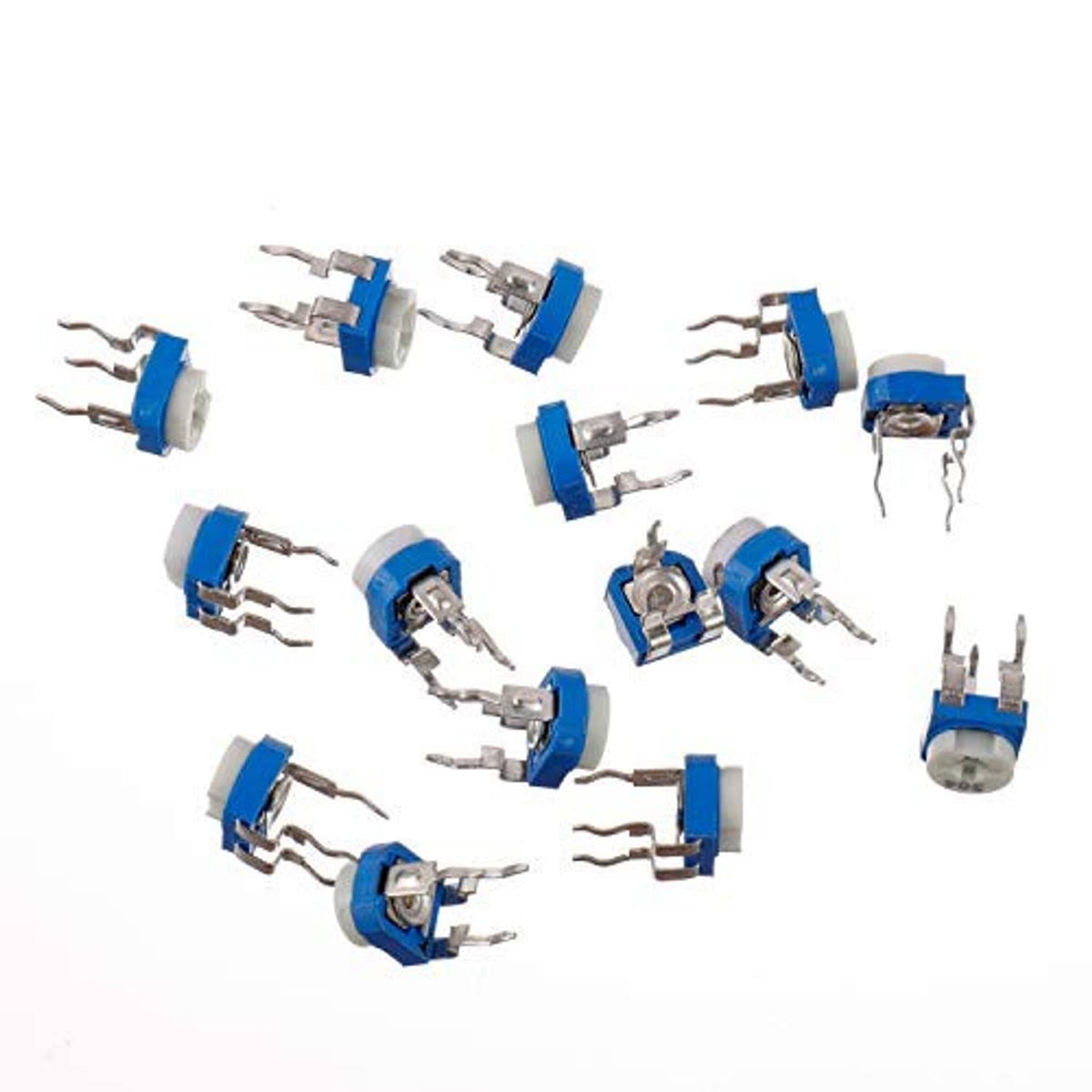 Assorted 6mm potentiometers with blue caps and three-pin metal leads