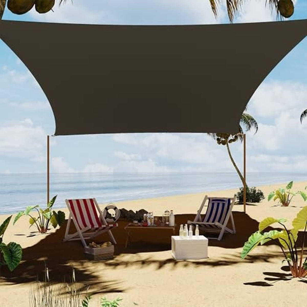 Dark grey rectangular sunshade sail canopy stretched above beach patio with corner ties