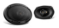 Black 6.5-inch car speaker pair with front grilles and rear speaker baskets