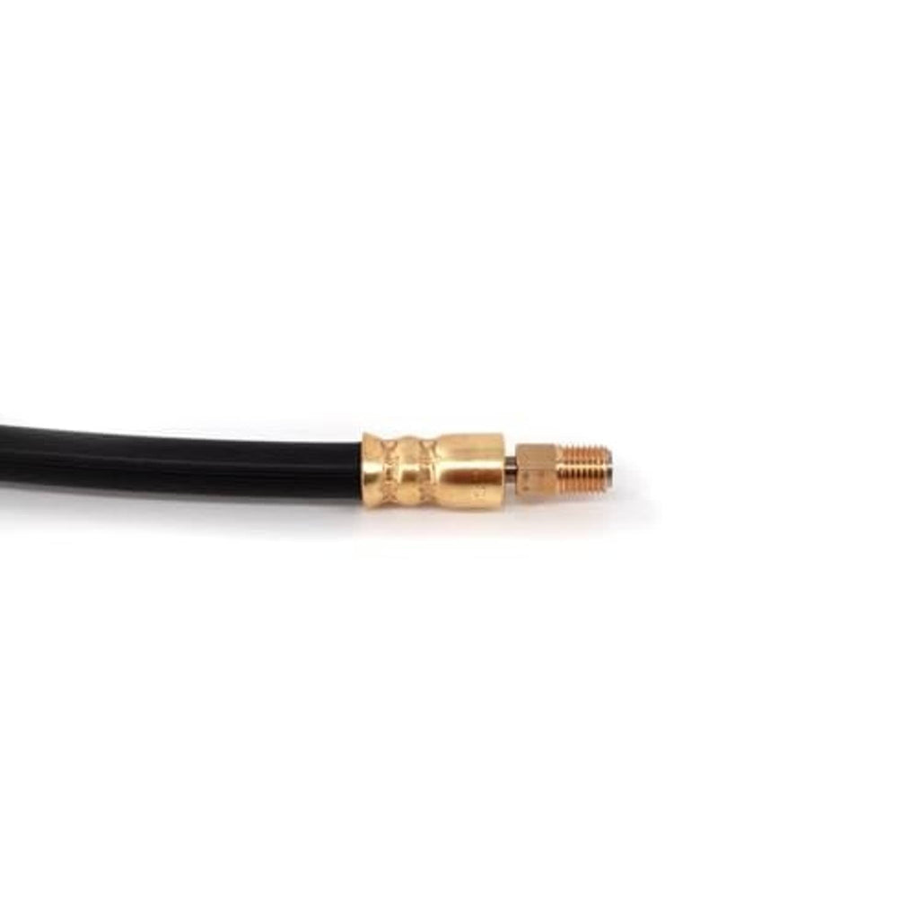 Black brake hose end with brass male fitting and visible threaded section