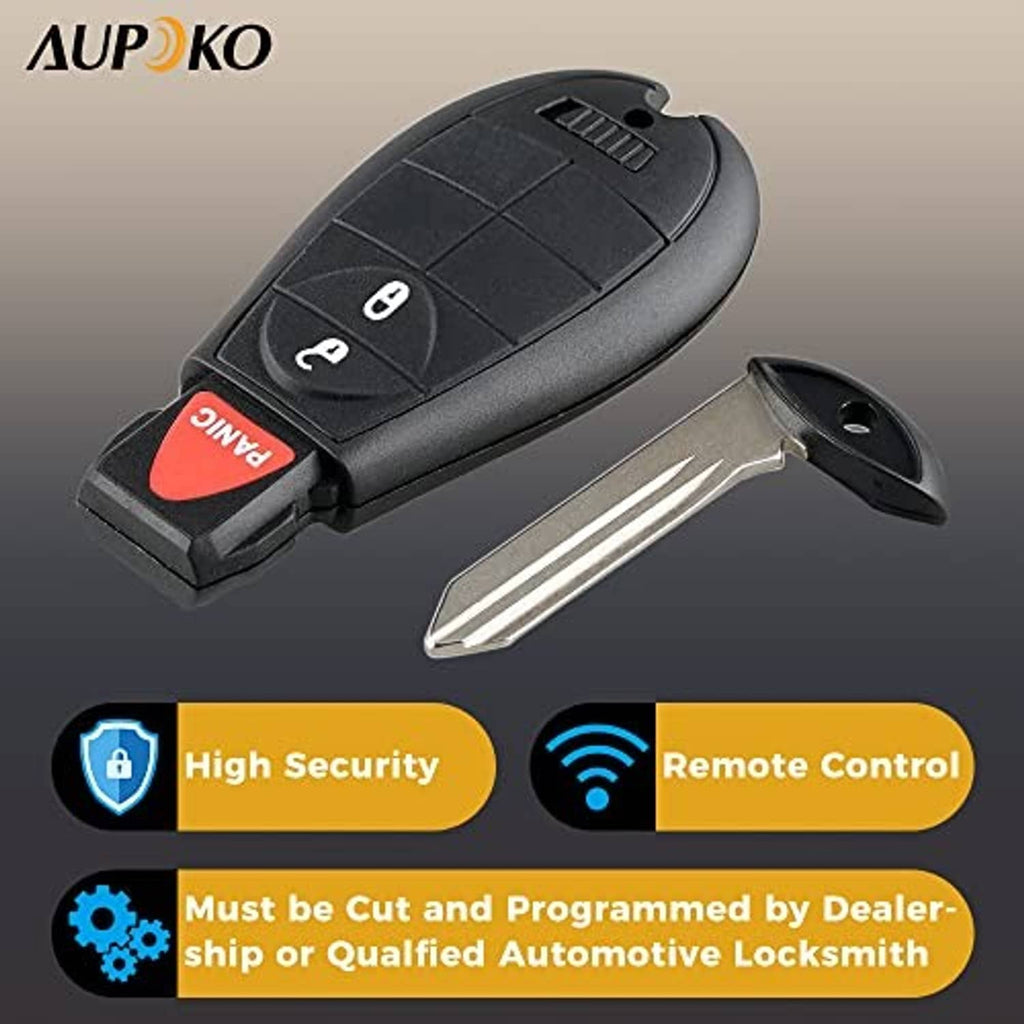 Black key fob with red PANIC button and metal key blade