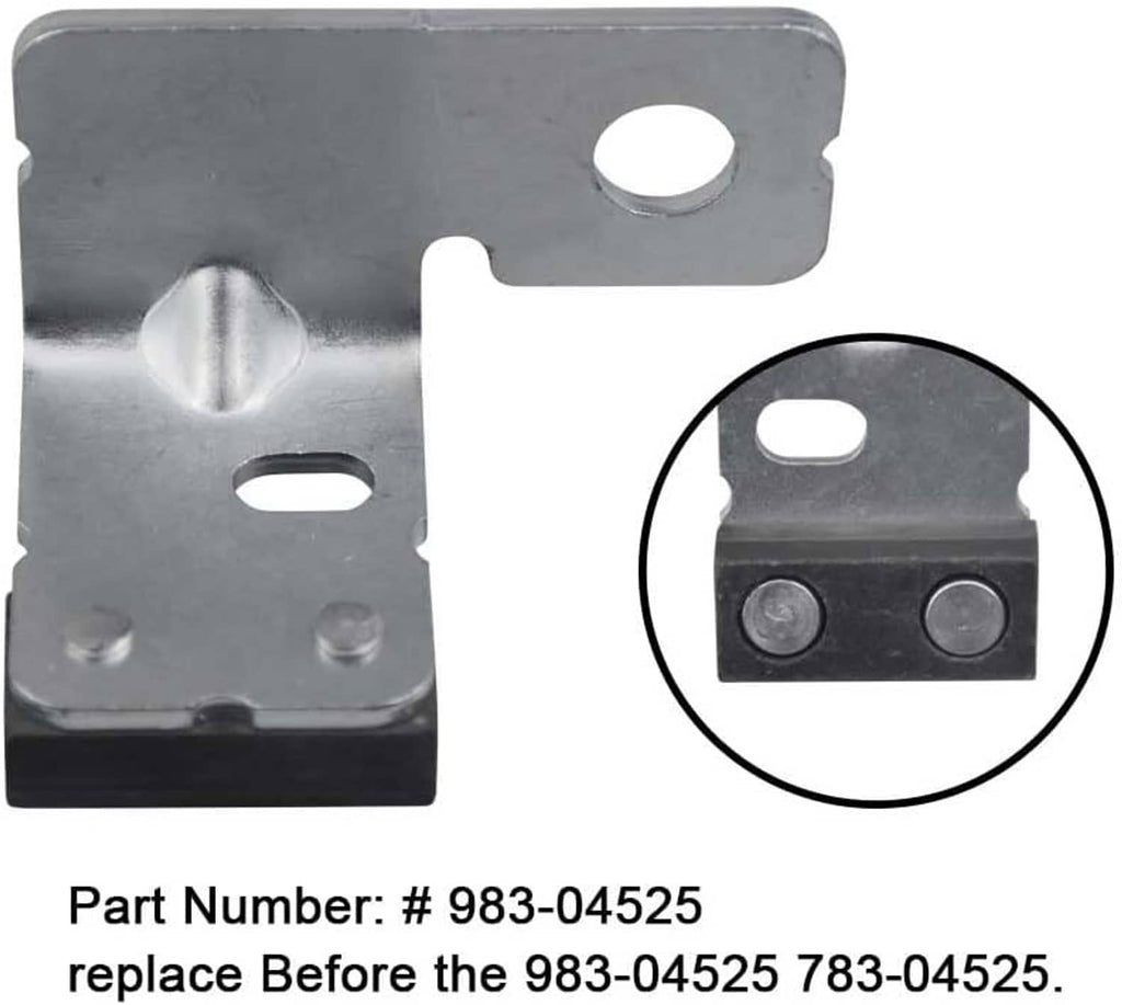Metal deck brake bracket with two mounting holes and circular view of rubber pad
