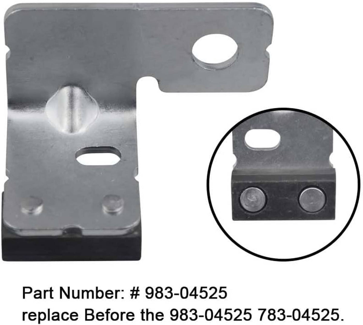 Metal deck brake bracket with two mounting holes and circular view of rubber pad
