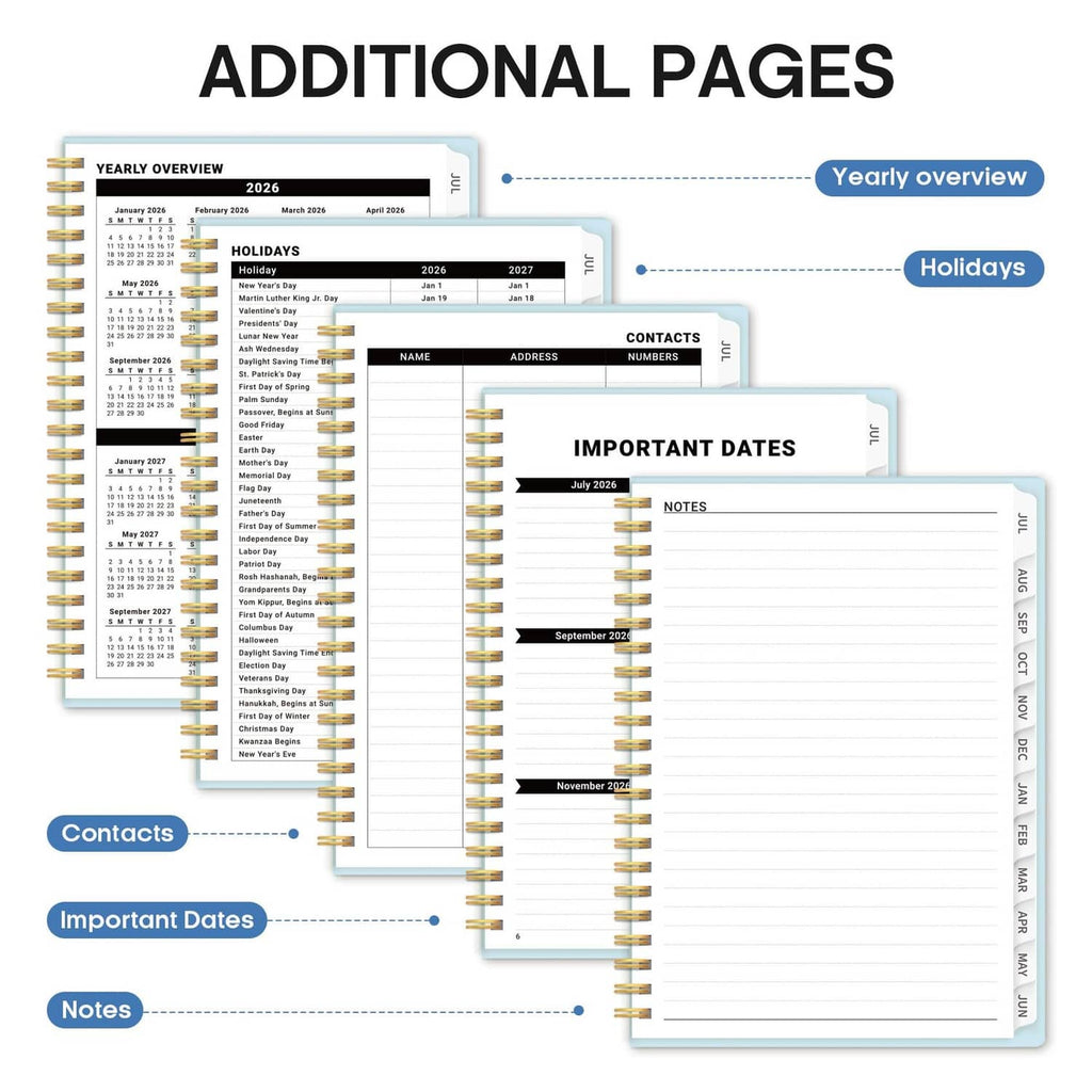 Planner additional pages set with yearly overview, holidays, contacts, and notes