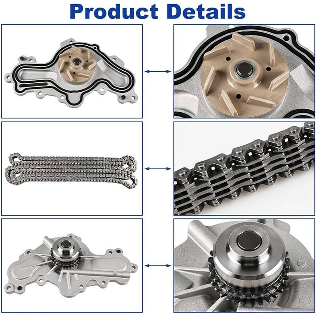 Timing chain and water pump kit details: water pump housing, chain links, and sprocket