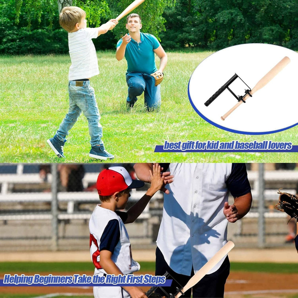 Baseball practice outdoors with a child swinging a bat and an adult coaching